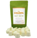 Nag Champa wax melt dots displayed in front of a rice paper stand-up pouch from Lux Candles & Melts.