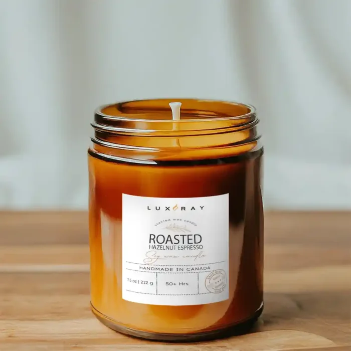 Roasted Hazelnut Espresso candle in an 8oz amber jar by Lux Candles & Melts, exuding rich coffee aromas.