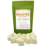 Roasted Hazelnut Espresso wax melt dots displayed in front of a rice paper stand-up pouch from Lux Candles & Melts.