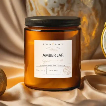 Amber Jar Soy Candle by Lux Candles & Melts, set on a luxurious silk base, designed to create a rich and elegant ambiance.