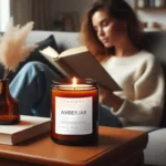 Lux Candles & Melts amber jar soy candle on a table, with a woman relaxing in the background.