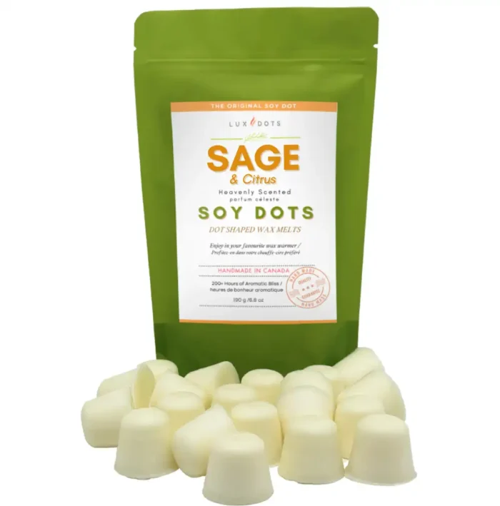 Sage and Citrus Soy Dots by Lux Wax Melts, a refreshing herbal and citrusy blend crafted for an uplifting aromatic experience.