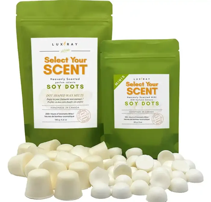 Two different sizes of Soy Dots bags by Lux Candles & Melts, showing both bag sizes and the individual soy dots for comparison.