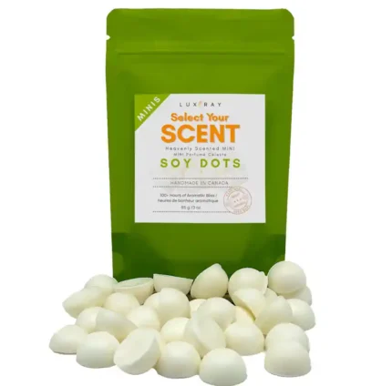 Assorted mini soy wax melt dots in front of a stand-up pouch with text indicating “Select Your Scent” by Lux Candles & Melts.