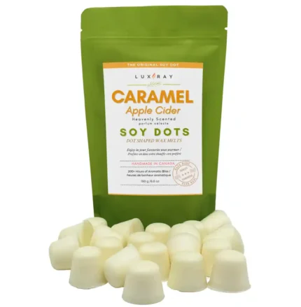 Caramel Apple Cider wax melt dots displayed in front of a rice paper stand-up pouch from Lux Candles & Melts.