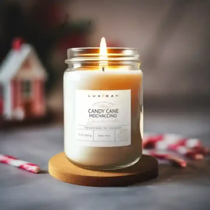 Candy Cane Jar Soy Candle by Lux Candles & Melts, featuring a festive peppermint aroma in a classic glass jar.