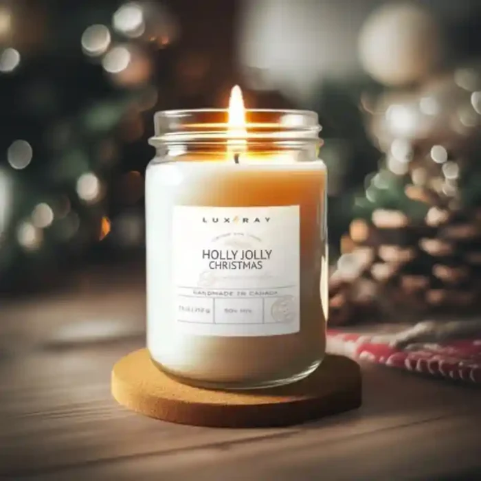 Holly Jolly Christmas Jar Soy Candle by Lux Candles & Melts, radiating a festive holiday aroma.