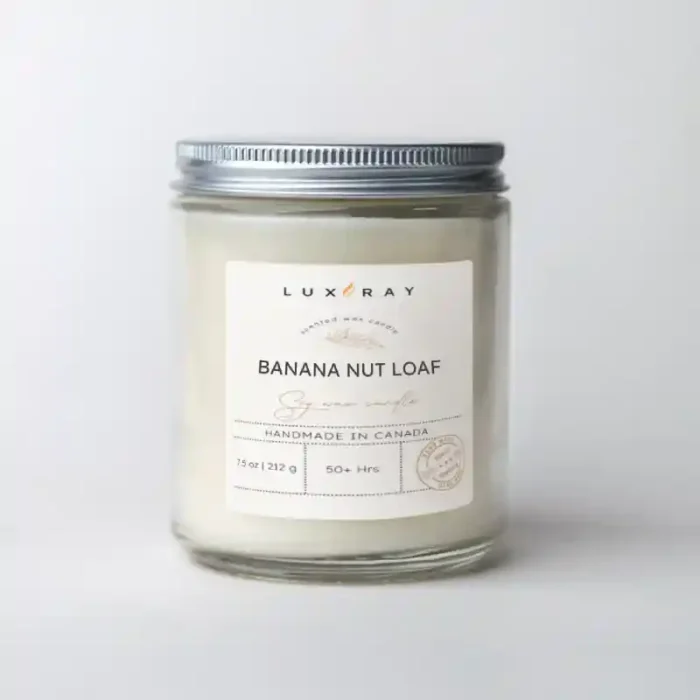 Banana Nut Loaf Scented Soy Candle by Lux Candles & Melts, filling your space with the warm, comforting aroma of freshly baked banana bread.