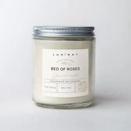 Bed of Roses Scented Soy Candle by Lux Candles & Melts, enveloping your space with the romantic and fresh fragrance of blooming roses.