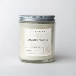 Country Peaches Scented Soy Candle by Lux Candles & Melts, offering a fresh, fruity aroma of ripe peaches, perfect for a warm, welcoming atmosphere.