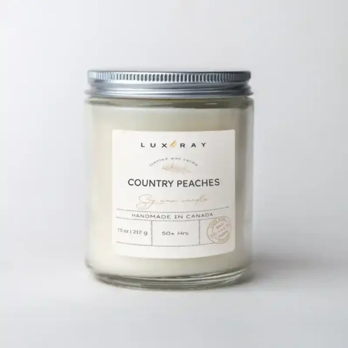 Country Peaches Scented Soy Candle by Lux Candles & Melts, offering a fresh, fruity aroma of ripe peaches, perfect for a warm, welcoming atmosphere.