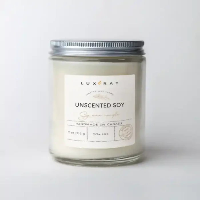 Lux Candles & Melts' Unscented Classic Soy Candle, perfect for a minimalist and fragrance-free ambiance.