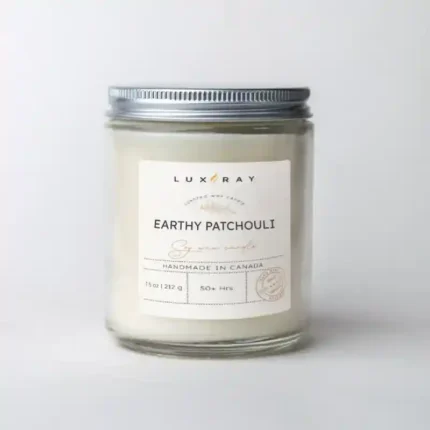 Earthy Patchouli 8oz Scented Soy Candle by Lux Candles & Melts, hand-poured for a grounding and aromatic experience.