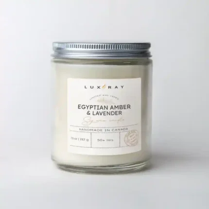 Egyptian Amber & Lavender 8oz Scented Soy Candle by Lux Candles & Melts, a luxurious blend of amber and lavender.