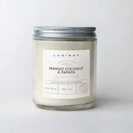 Mango Coconut and Papaya Scented Soy Candle 8oz by Lux Candles & Melts, a tropical fusion of mango, coconut, and papaya for a refreshing escape.