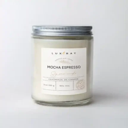 Mocha Espresso Scented Soy Candle 8oz by Lux Candles & Melts, a rich, aromatic blend of coffee and chocolate that creates a warm, energizing atmosphere.