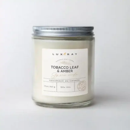 Tobacco Leaf & Amber Scented Soy Candle 8oz by Lux Candles & Melts, offering a rich, smoky blend with warm amber notes.