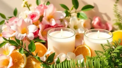 Three hand-poured soy candles and wax melts with spring floral, citrus, and tropical scents arranged on a rustic wooden tray.