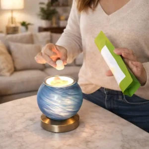 Woman adding a soy wax melt dot into a warmer