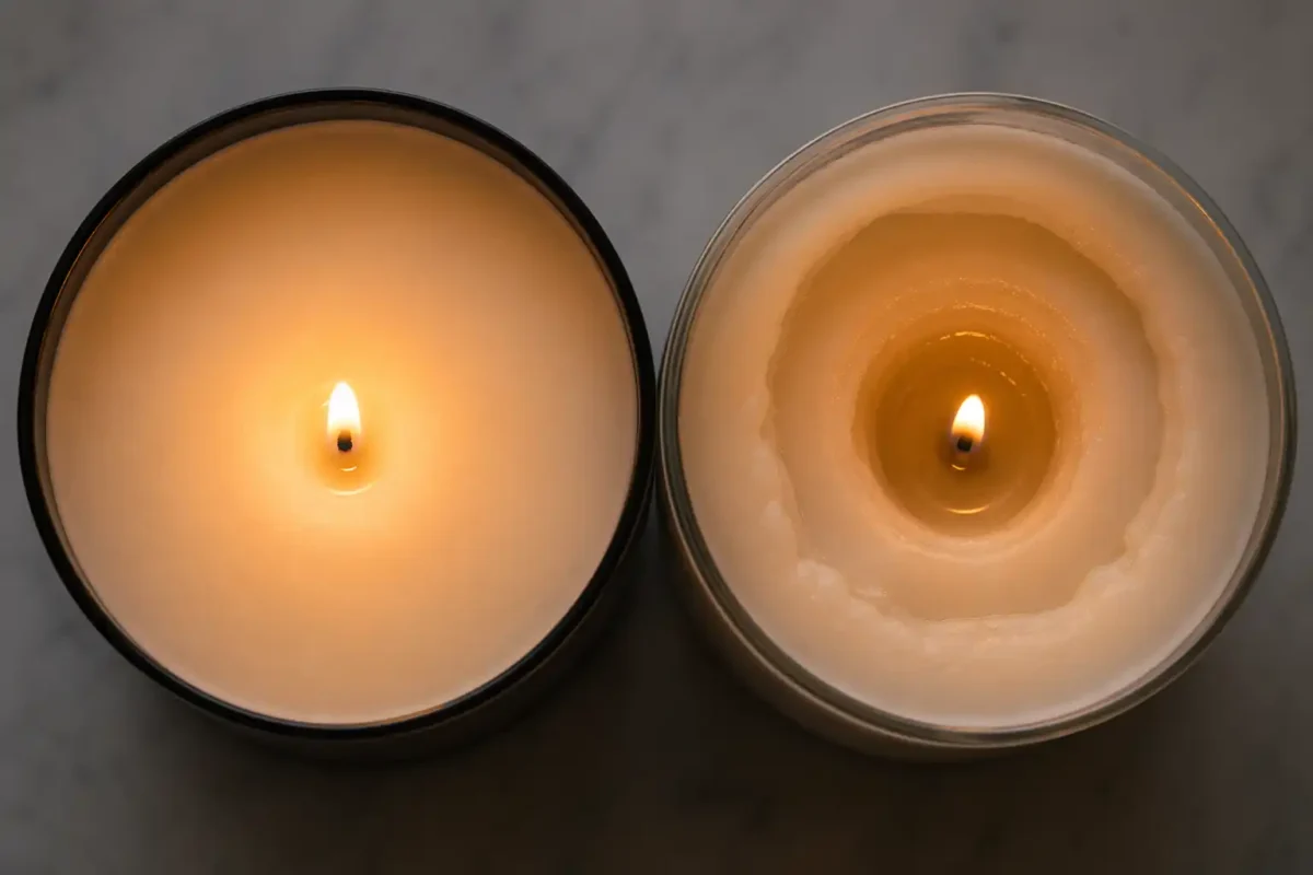 Hand-poured candles with even clean burn compared to mass-produced paraffin candles with tunneling