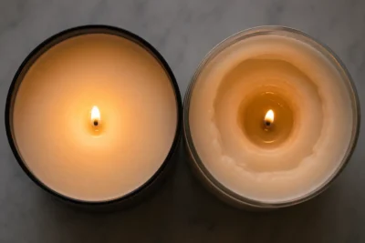 Hand-poured candles with even clean burn compared to mass-produced paraffin candles with tunneling